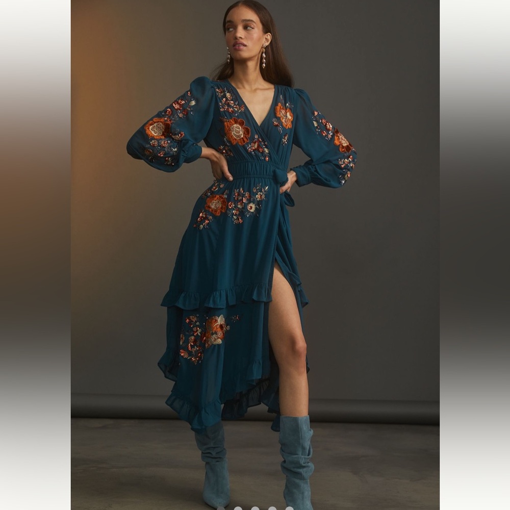 NWOT Anthropologie Beaded Wrap Midi Dress